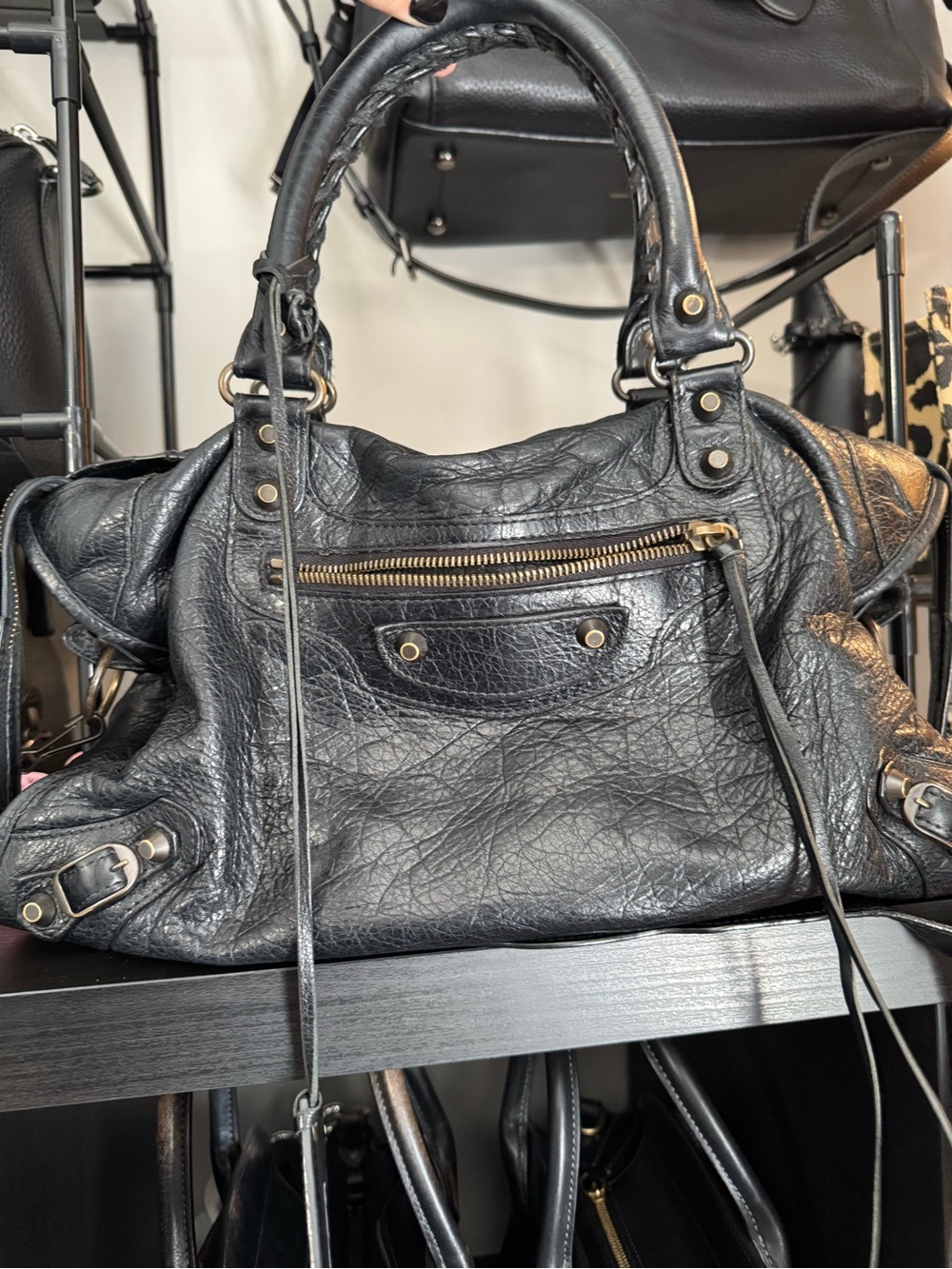Balenciaga Black Leather Shoulder Bag with Gold Hardware